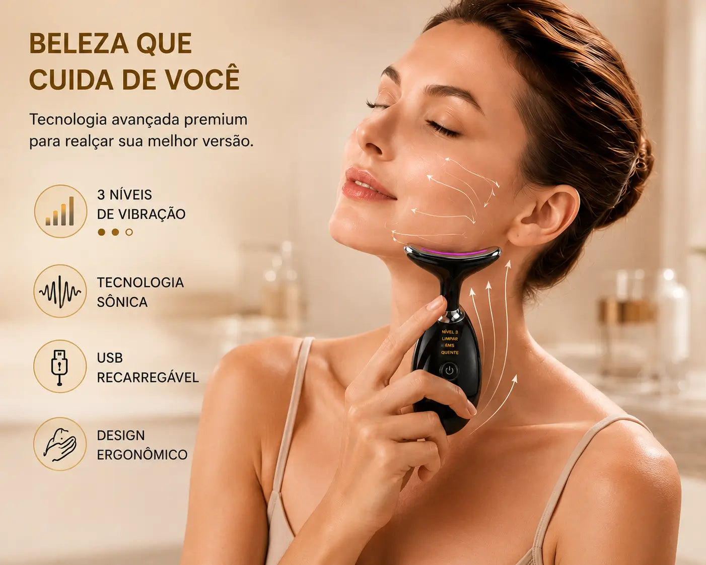 Massageador Face e Pescoço Fototerapia com 3 LEDs Flacidez e Rugas| KoreaX